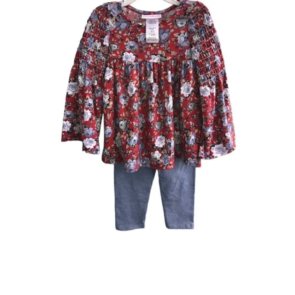 KIDS Girls BNWT Bonnie Jean Size: 2/2T Red Blue Flowered Top with Blue L…